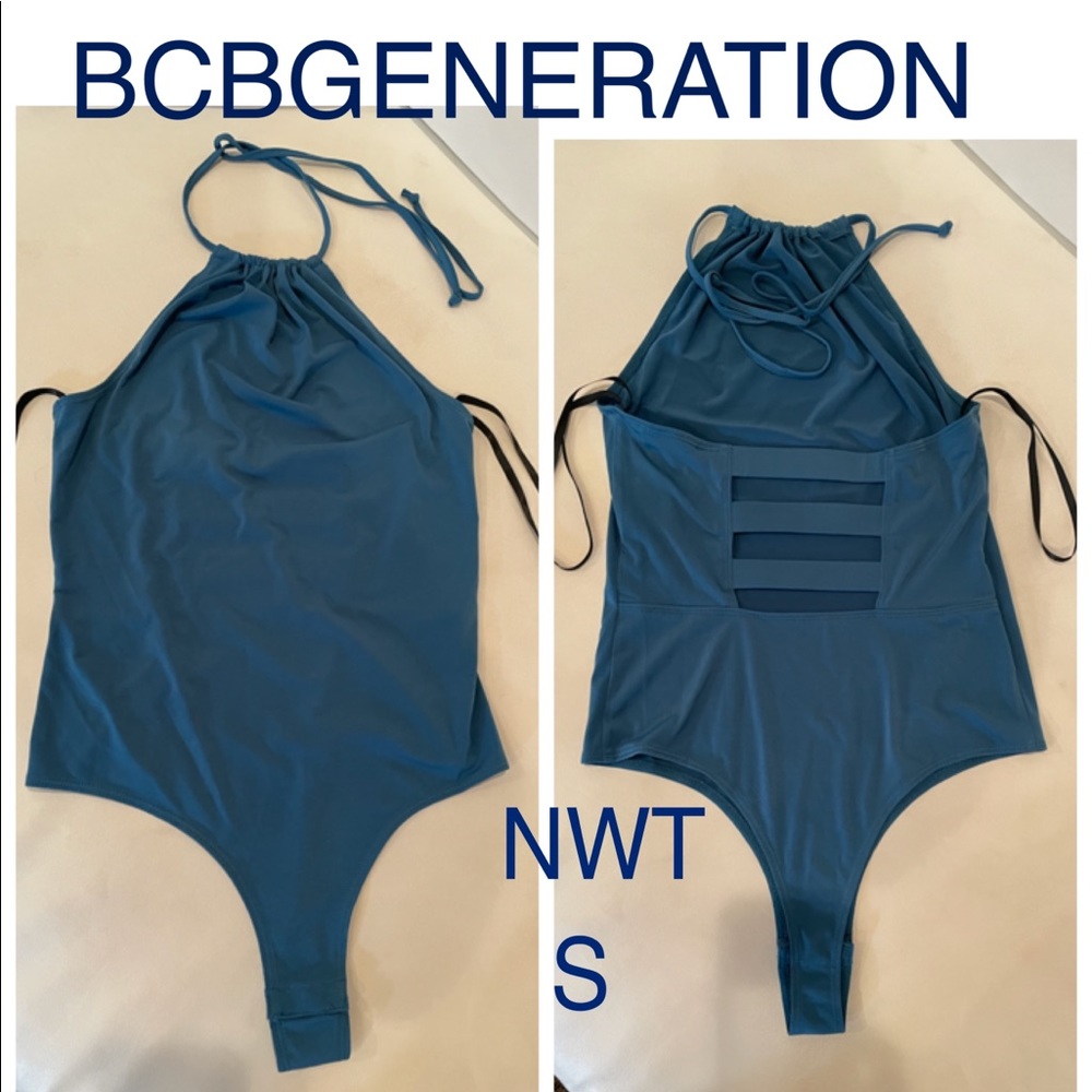 NWT (S) TEAL BCBGENERATION NEW BODYSUIT ruched high neck hollow cut out back
